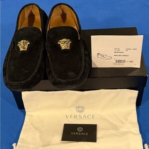 Versace Black Suede Loafers with Gold Medusa